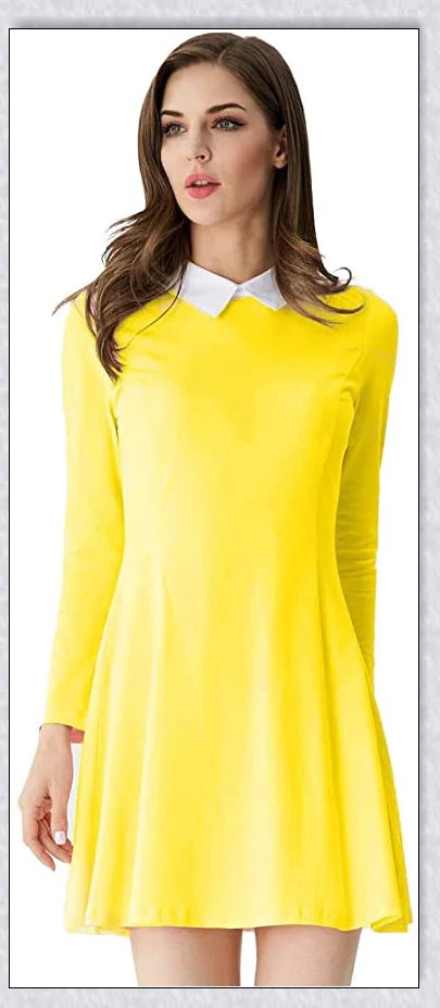 Elegant long-sleeved Peter Pan collar dress in multiple colours, perfect for Halloween or casual wear