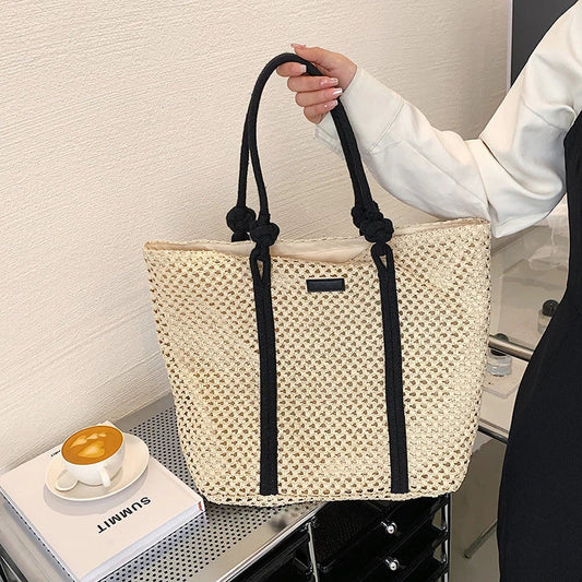 Premium large capacity woven straw beach tote in beige colour with stylish knitted pattern