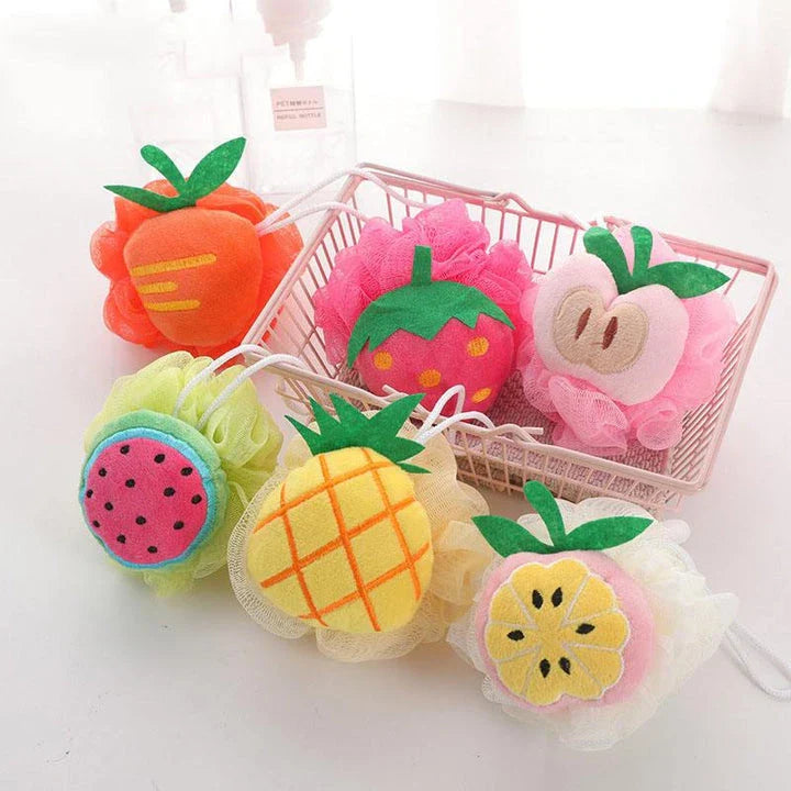 Colourful cartoon fruit-shaped exfoliating shower sponge made from durable nylon mesh