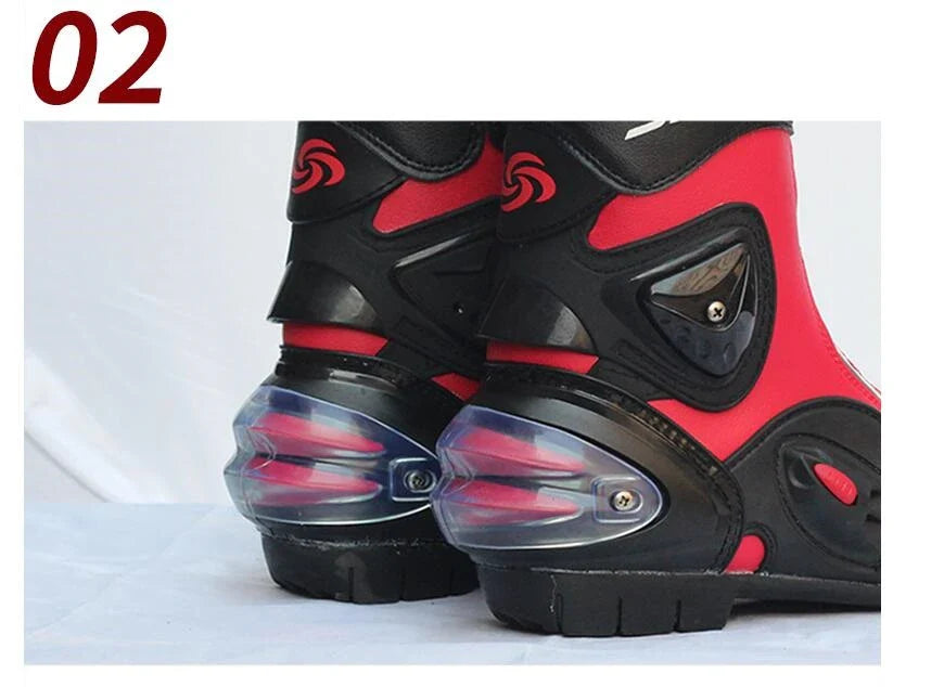 Premium motorcycle riding boots with durable microfiber leather, breathable mesh lining, and reinforced toe and heel for enhanced impact protection
