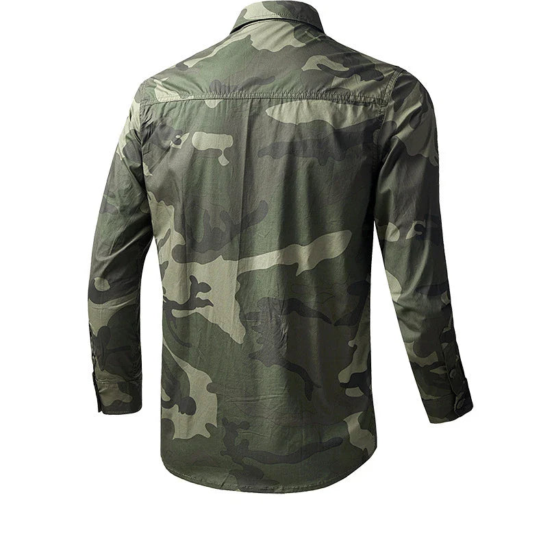 Men's long sleeve casual overalls shirt in army green, khaki, and grey colours with Japanese-inspired lapel design