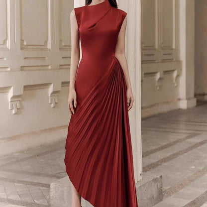 Elegant asymmetric dress with half turtleneck in wine red and milky white colours