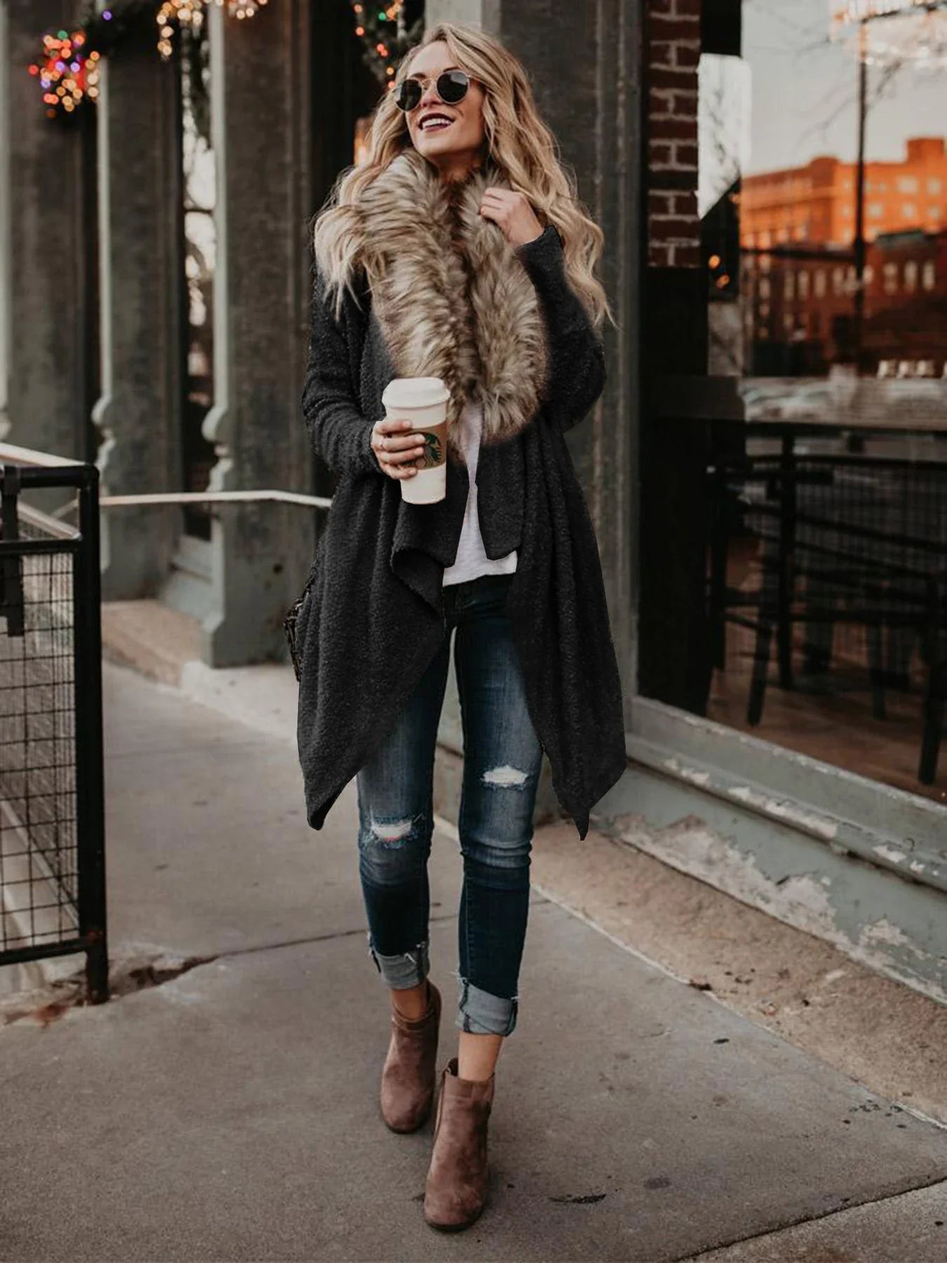 Premium plush trench coat with luxurious fur collar in khaki colour, perfect for transitional British weather