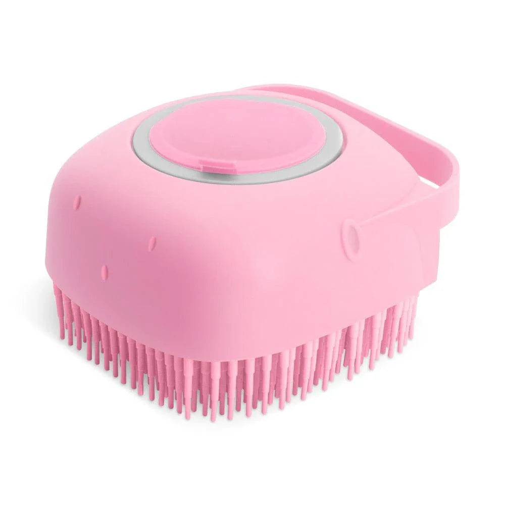 A yellow dog bath brush with a built-in shampoo dispenser and soft silicone bristles for a relaxing, spa-like bathing experience.