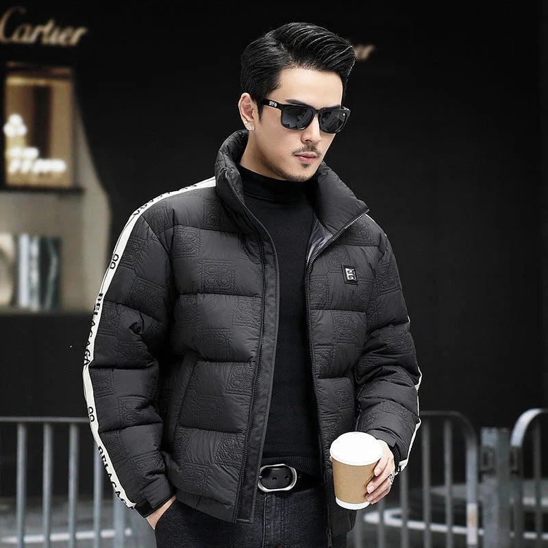 Warm and weatherproof men's down jacket with stand collar and knitted sleeves, made from premium polyester fibre and filled with luxurious duck down