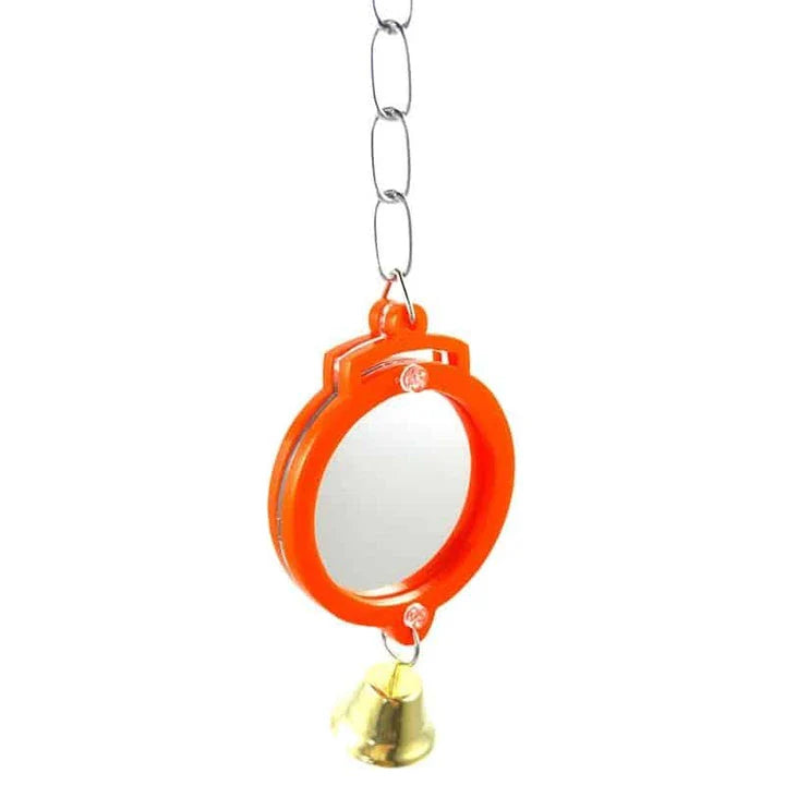 Heart-shaped mirror designed for birds, featuring a reflective surface and sturdy acrylic-metal construction for a captivating visual experience.