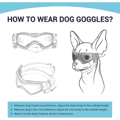 Small orange dog goggles with adjustable elastic straps and UV-blocking polycarbonate lenses
