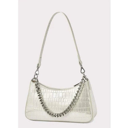 Luxurious alligator-embossed leather shoulder bag with chain accent and stylish lock embellishment