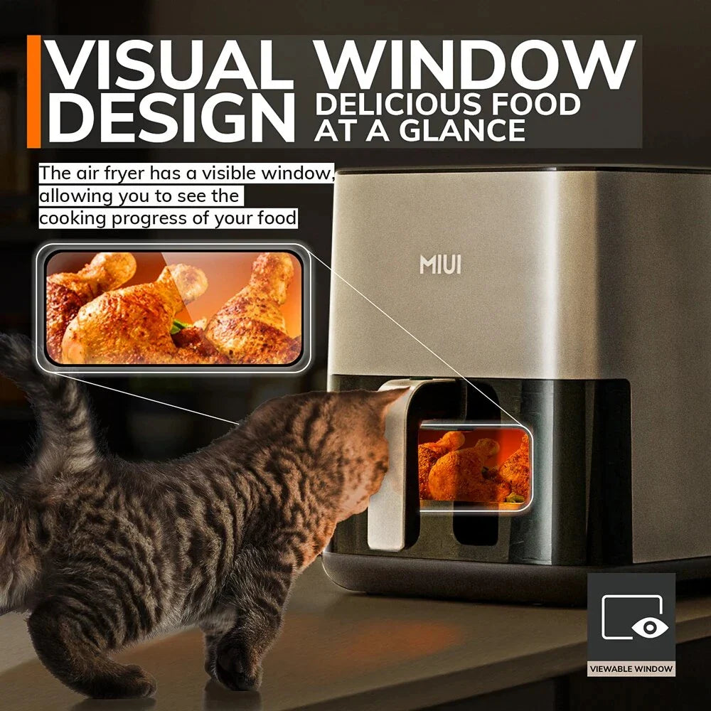 A powerful, family-sized air fryer with a touchscreen control panel and a transparent window for monitoring cooking progress.