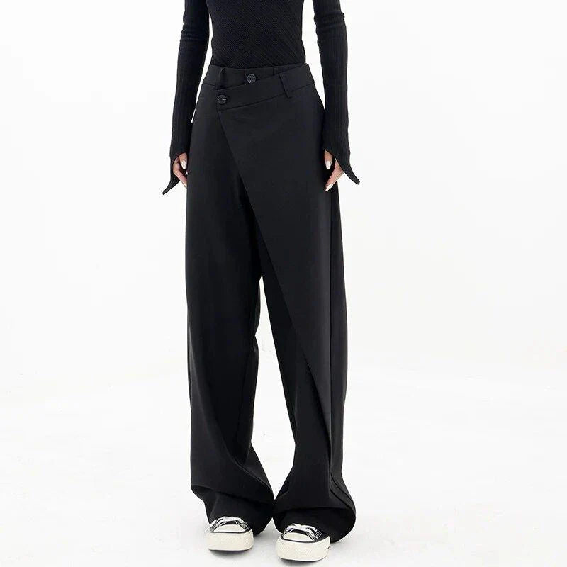 Stylish high-waisted wide-leg fashion trousers for women, made from a premium cotton-polyester blend for comfort and durability.