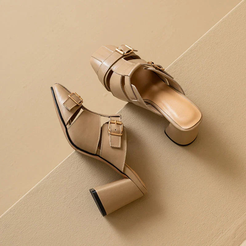 Exquisite embroidered leather high heel slippers in khaki colour, showcasing intricate detailing and a stable square heel design for stylish summer wear