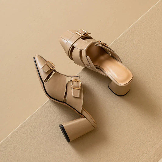 Exquisite embroidered leather high heel slippers in khaki colour, showcasing intricate detailing and a stable square heel design for stylish summer wear