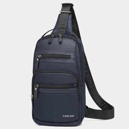 Premium waterproof men's chest bag in dark blue colour, featuring a sleek and sophisticated design with a spacious main compartment and secure zipper closure.