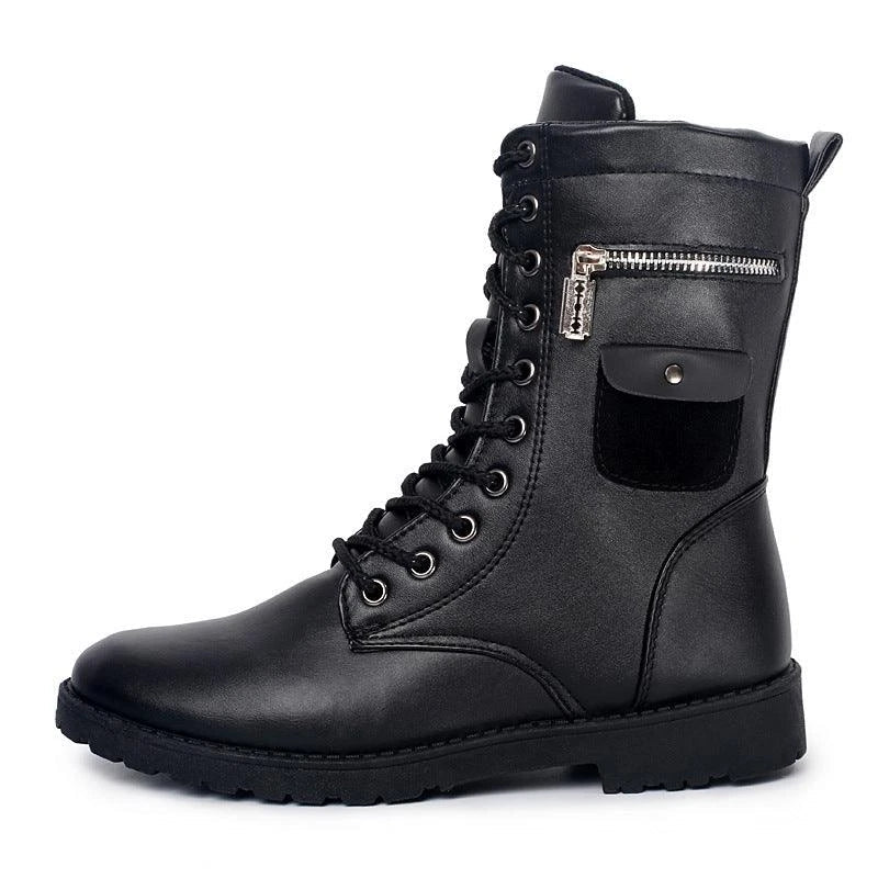 Premium mid-calf fleece-lined Martin boots for men, featuring a sleek square heel design and classic car stitch pattern in a durable black colour