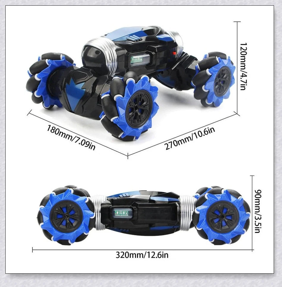 Remote control stunt car with 360-degree rotation, flips, and built-in colourful lights and music for exciting playtime
