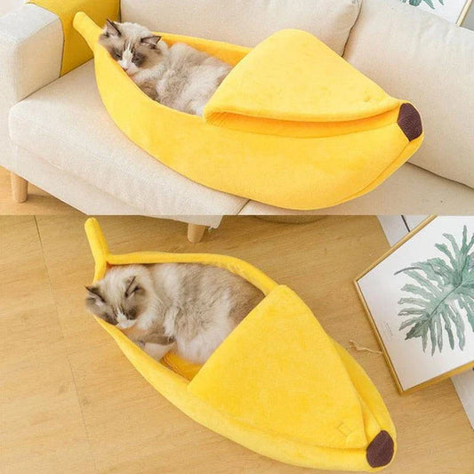 Cosy, plush banana-shaped cat bed in a variety of sizes, providing a comfortable retreat for feline friends