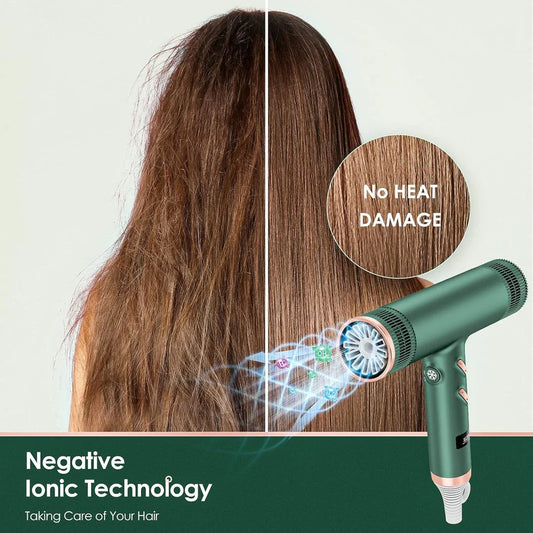 Ultra-fast professional hair dryer with 113,000 rpm/min motor, LCD display, and anion technology for healthy, shiny hair