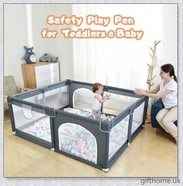 A large, breathable playpen with mesh sides for indoor and outdoor use, providing a safe and comfortable space for babies to play.