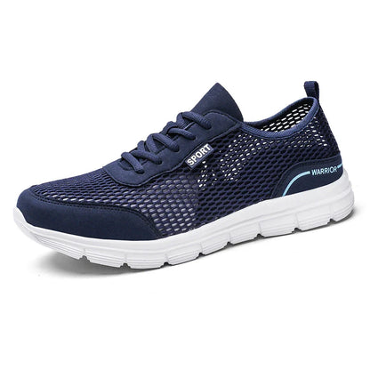 Breathable men's sports shoes with mesh design, available in blue, black, and gray colours