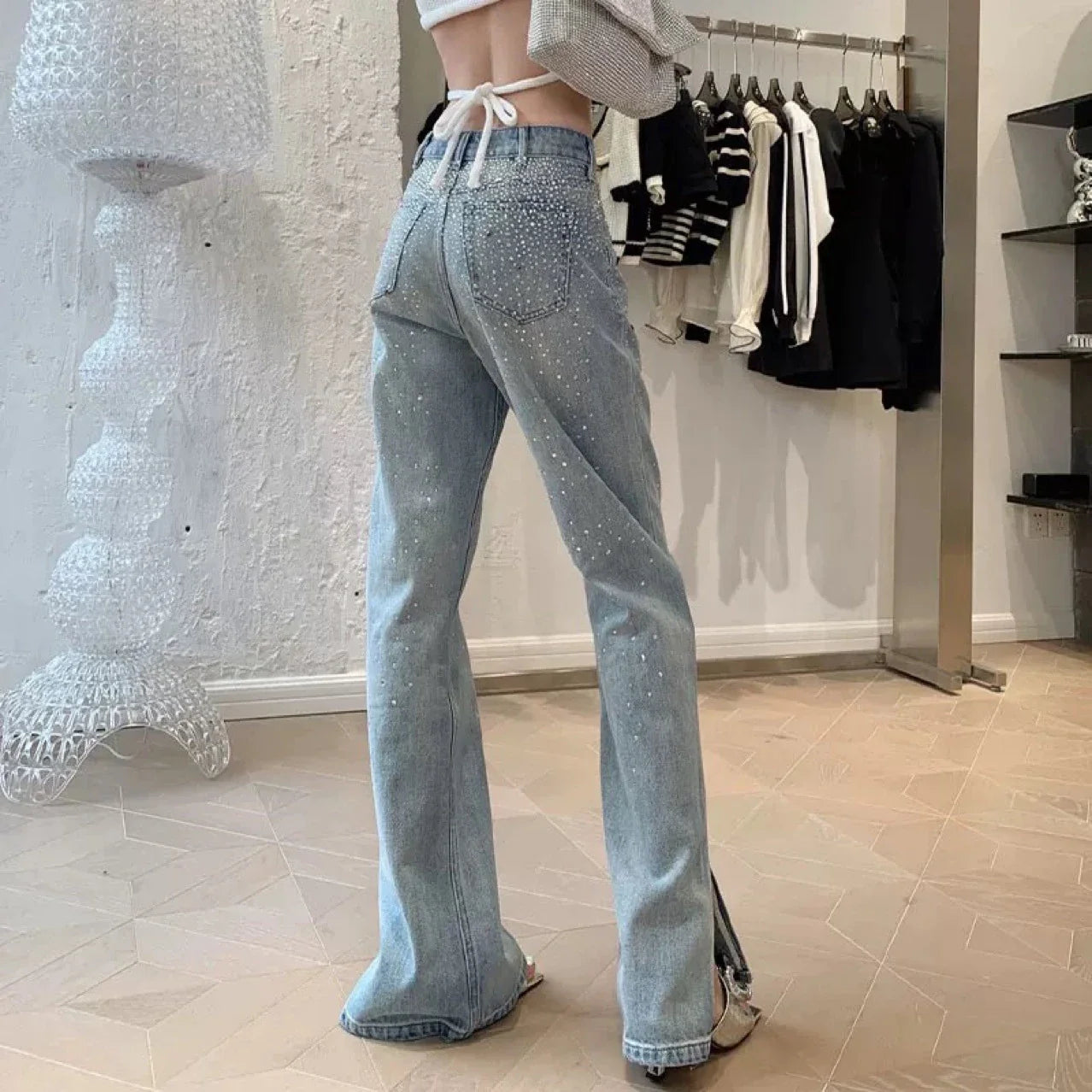 Premium high-waist rhinestone-embellished flared jeans for women in a sleek, versatile design
