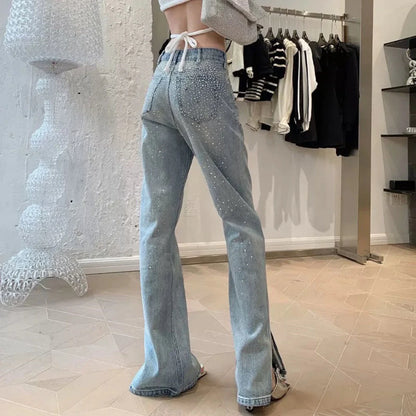 Premium high-waist rhinestone-embellished flared jeans for women in a sleek, versatile design