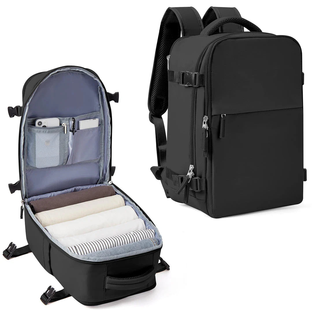 A durable and spacious travel backpack with multiple compartments and padded shoulder straps, suitable for British adventurers and commuters.