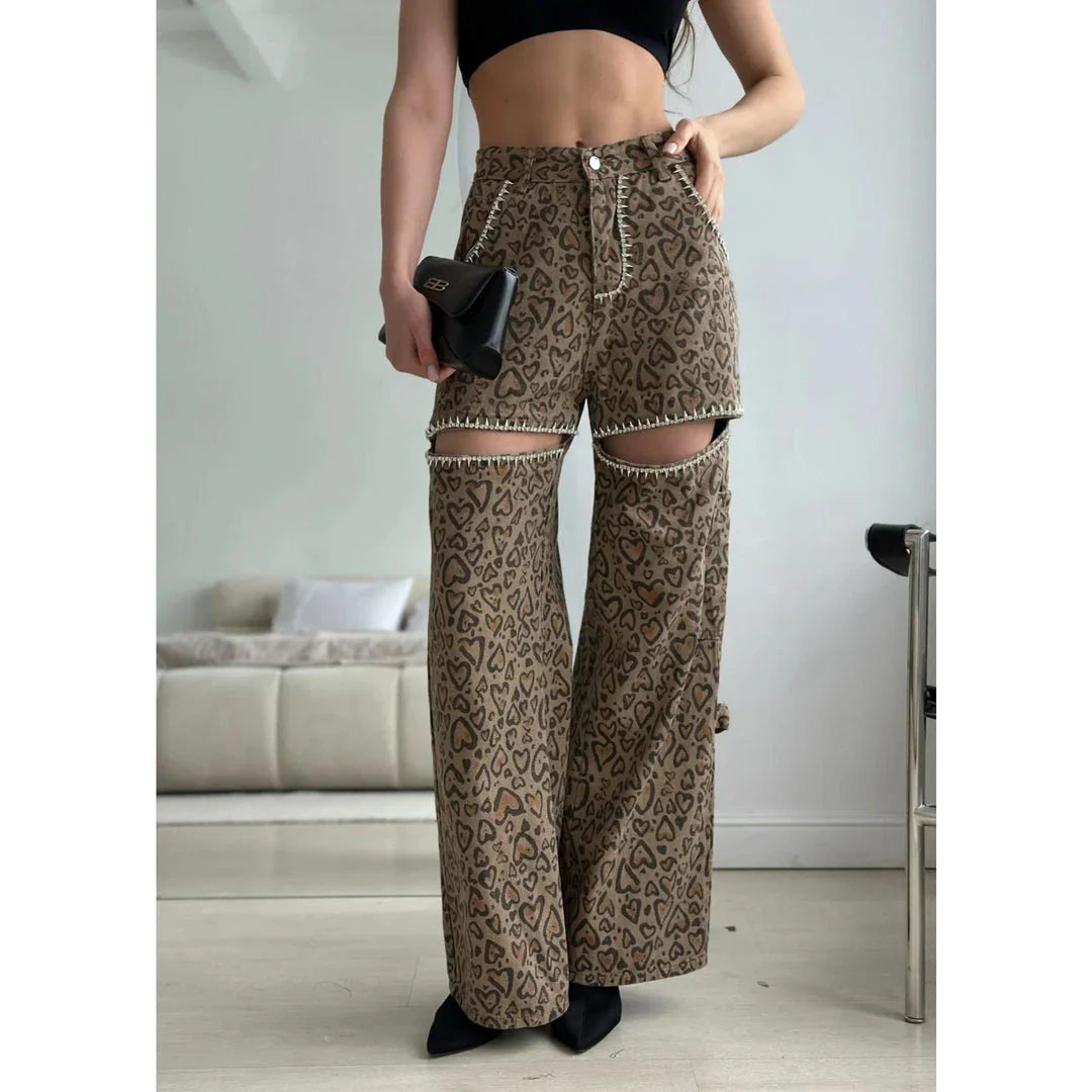 Stylish leopard print wide-leg jeans with patchwork design, perfect for fashion-forward women in the UK