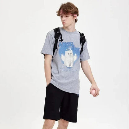 Stylish Angel Cat Graphic Cotton T-Shirt in White, featuring a trendy angel cat print design