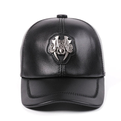 Premium leather peaked cap in black and brown for men and women, featuring an adjustable, breathable, and windproof design for casual wear.