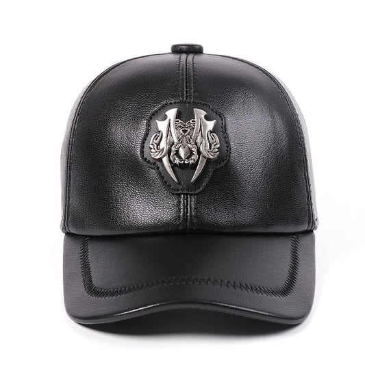 Premium leather peaked cap in black and brown for men and women, featuring an adjustable, breathable, and windproof design for casual wear.
