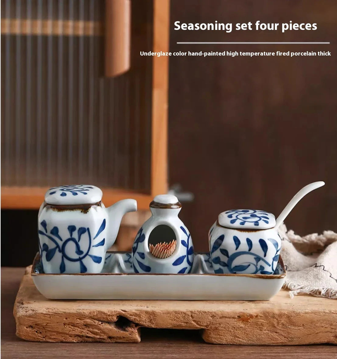Premium four-piece ceramic seasoning set with oil, vinegar, seasoning, and toothpick holder for a stylish and organized kitchen