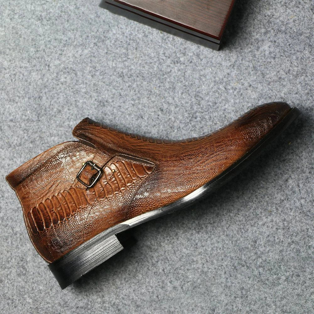 Premium men's formal Chelsea boots in brown, featuring a round toe, low wedge heel, and side zipper closure for a polished, office-ready look
