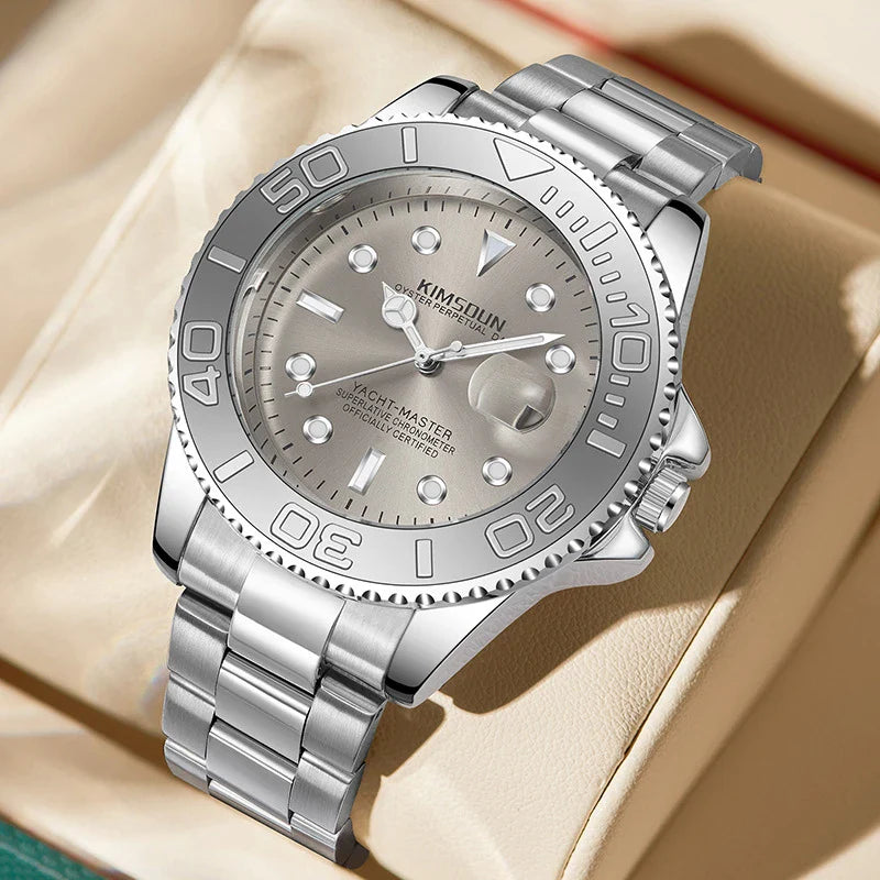 Premium luminous waterproof quartz watch for men with stainless steel case and grey dial