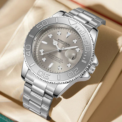 Premium luminous waterproof quartz watch for men with stainless steel case and grey dial