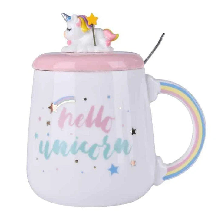 Premium ceramic unicorn coffee mug with 3D lid and stainless steel spoon for a magical daily beverage experience