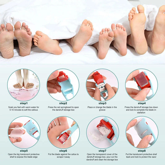 Premium Callus and Corn Remover Set with razor-sharp blade, ergonomic handle, and dander container for effective and hygienic foot care