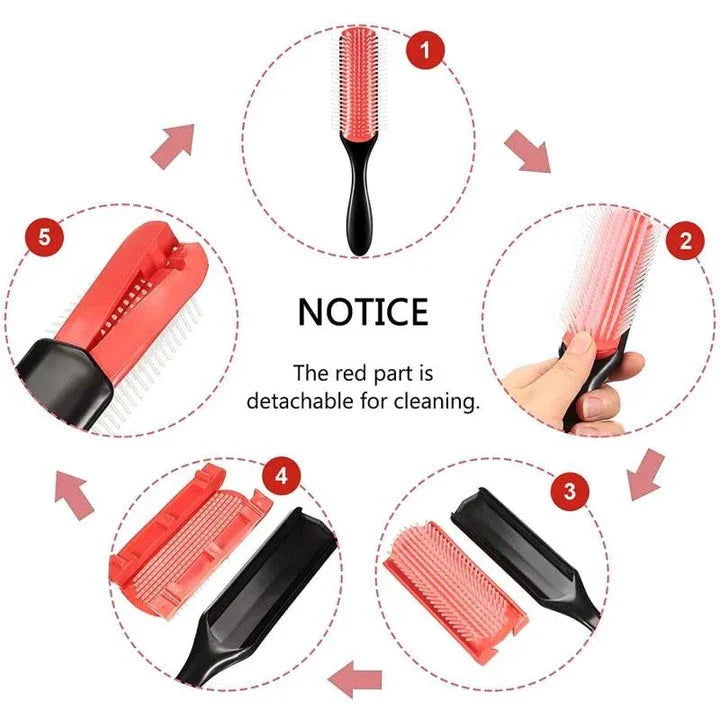 Premium 9-Row Detangling Hair Brush with Soft Nylon Bristles and Ergonomic Rubber Handle for Effortless Styling and Scalp Massage