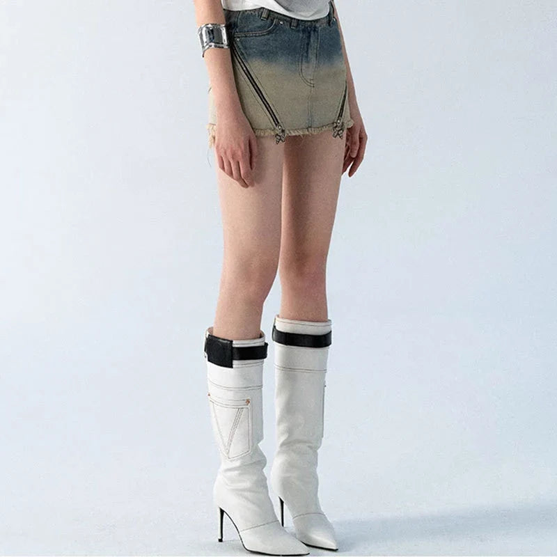 Premium quality denim mini skirt shorts in a gradient blue colour, featuring a high-waisted silhouette and soft cotton fabric