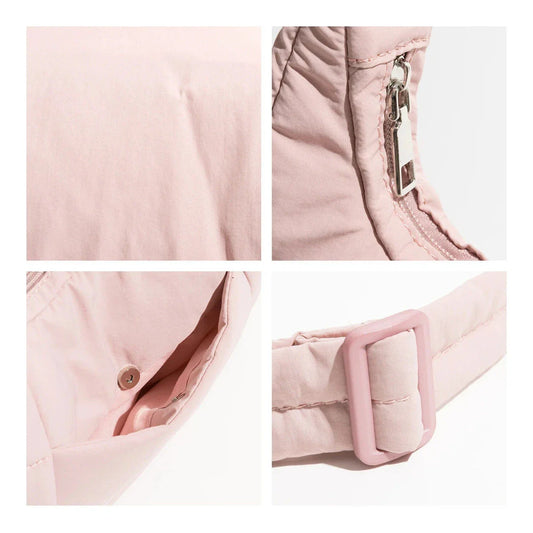 Chic Half Moon Puffer Shoulder Bag in a stylish pink colour, featuring a unique design and practical features for the modern woman.