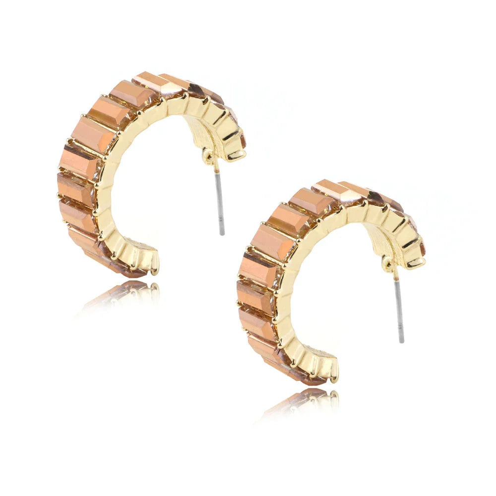 Multicolour glass diamond C-shaped earrings with alloy-inlaid artificial gems and semi-precious stones
