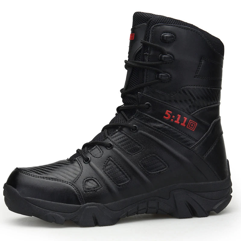 Rugged microfibre leather tactical boots with rubber soles, designed for outdoor adventures and self-defence training