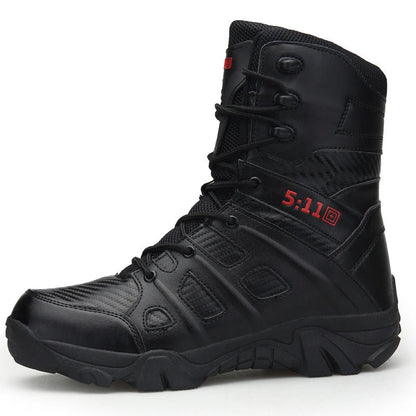 Rugged microfibre leather tactical boots with rubber soles, designed for outdoor adventures and self-defence training