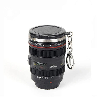 Stainless steel and plastic camera lens-shaped shot glass for serving cocktails, liqueurs, and specialty drinks