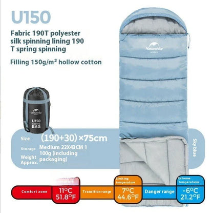 Naturehike Luxury Down-filled Sleeping Bag for Outdoor Camping in Hollow Cotton/Clay Gray, Hollow Cotton/Moxa Leaf Green, and Down Cotton/Sky Blue colours