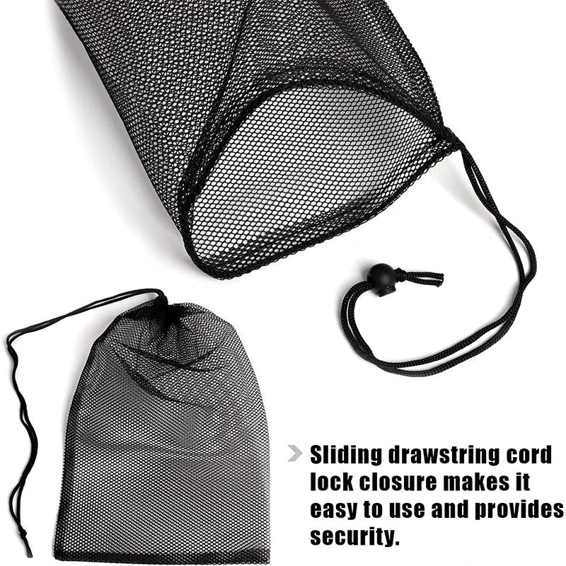 Multipurpose nylon mesh drawstring storage bag in two sizes for organising sports gear, laundry, and more