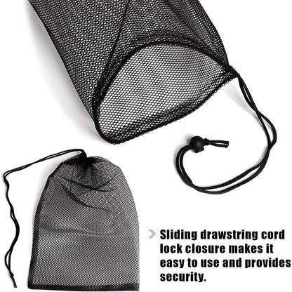 Multipurpose nylon mesh drawstring storage bag in two sizes for organising sports gear, laundry, and more