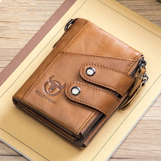 Premium genuine leather men's tri-fold wallet with vintage-inspired zipper closure and classic colour options
