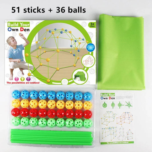 Children's DIY bead tent fort building kit with plastic balls and tubes for creative play and imagination development