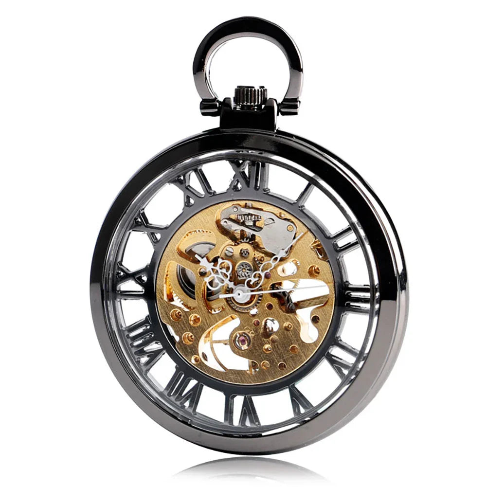 Classic double-sided mechanical pocket watch with transparent cutout design and Roman numeral dial