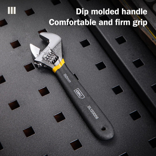 Adjustable stainless steel spanner with PVC handle, featuring a laser-etched scale for precise measurements and a smooth-operating screw nut for easy adjustments.